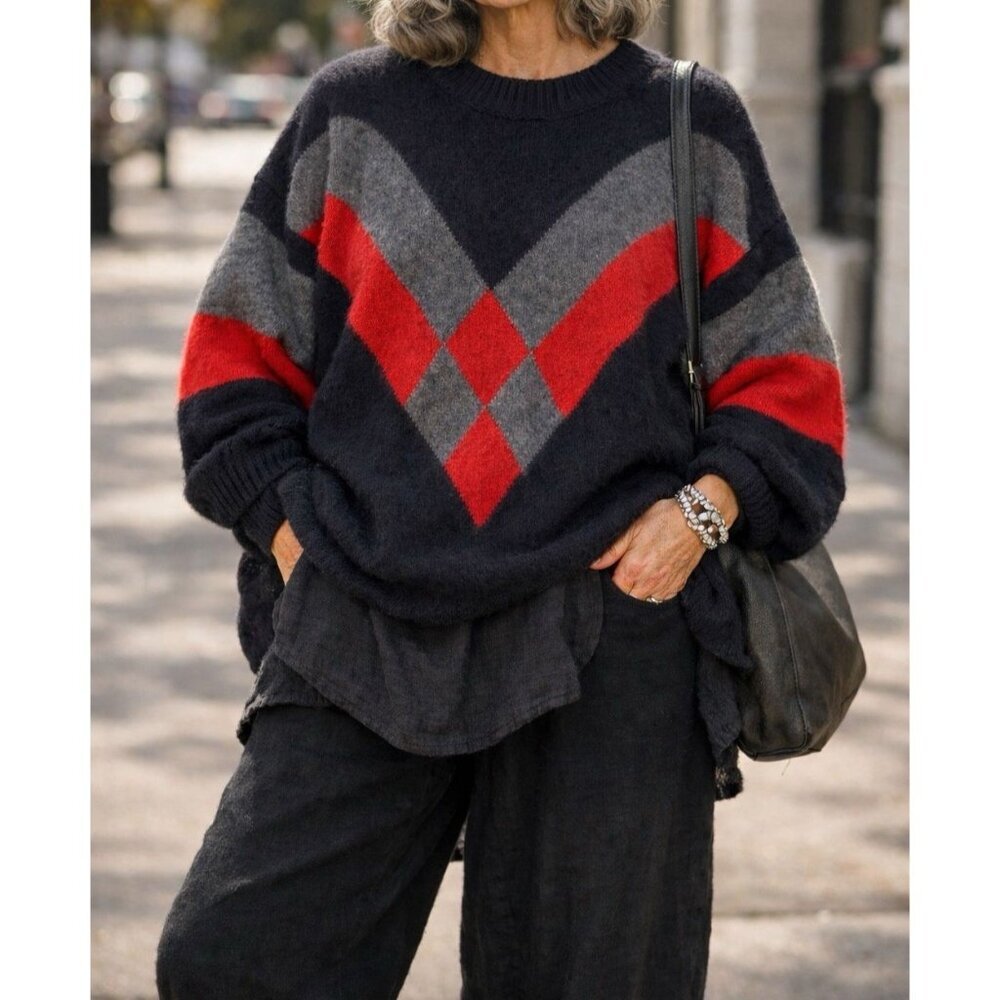 100% Alpaca Sweater Black Red Gray Argyle Peru Knit Pullover Danna Sonko - Picture 2 of 10